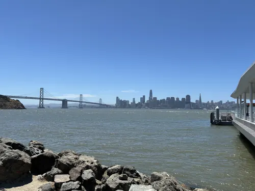 The San Francisco skyline and Bay Bridge seen across the water from Treasure Island