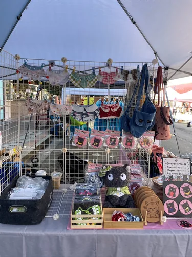 The booth from the front, with pet bandanas clipped across the grid wall, black cat coaster packs, a plush black cat, and a denim shoulder bag