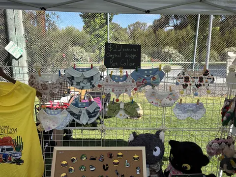 Grid wall of original-design cat collars and bandanas clipped on display