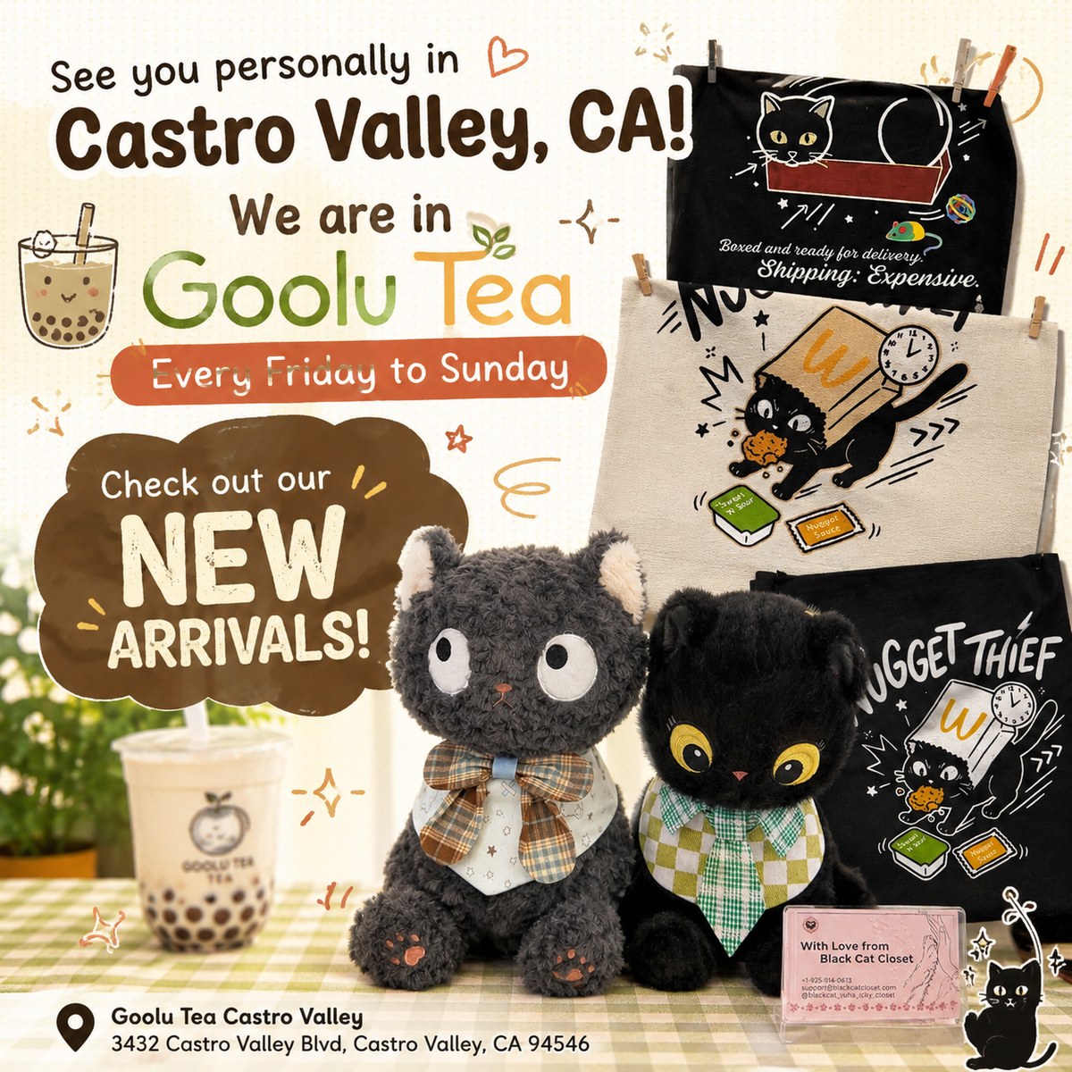 Nyangi Studio USA at Goolu Tea — open every Friday to Sunday, with new arrivals: cat plushies, totes, pins, and bandanas